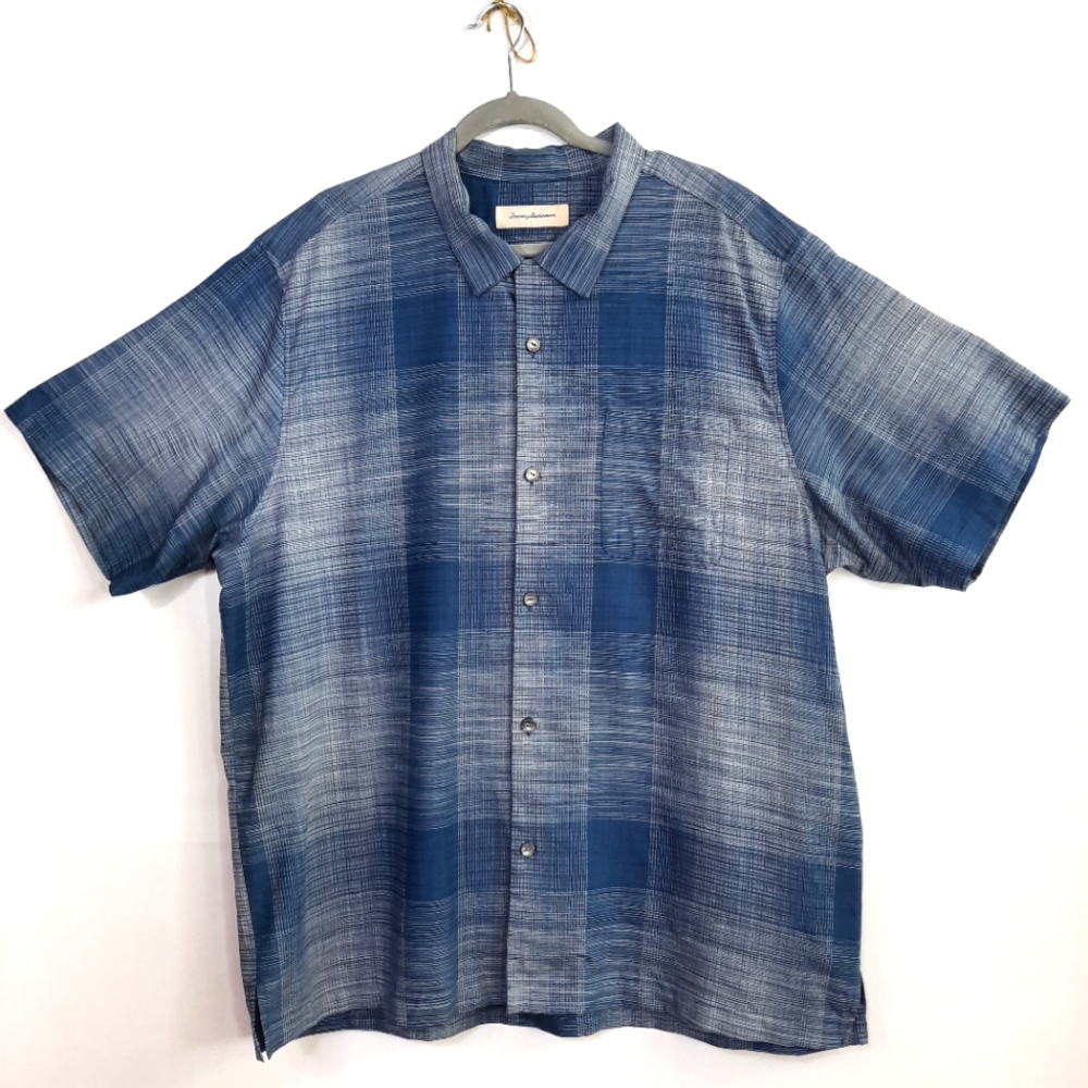 Tommy Bahama Mens Plaid Checkered Blue Silk Cotton Blend Shirt Big & Tall SZ XXL